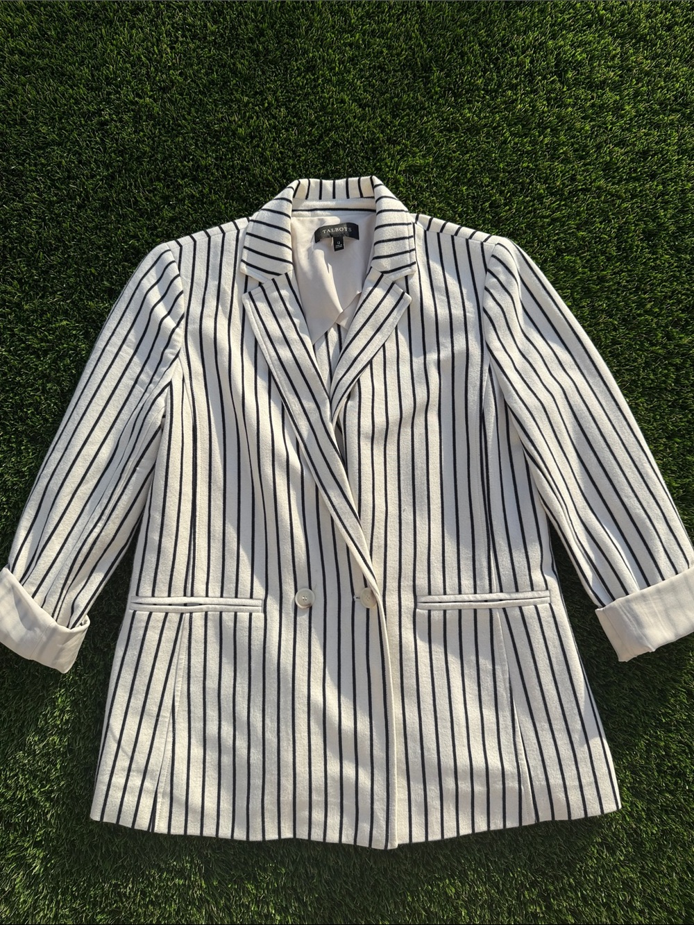 Talbots White Blazer with Black Pinstripes